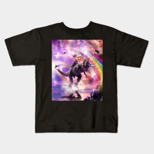 Rainbow Laser Space Cat On Dinosaur Eating Pizza Kids T-Shirt